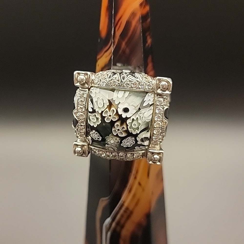 Signed 925 Sterling Silver Millefiori Enamel Ring – Floral Glass Statement Ring